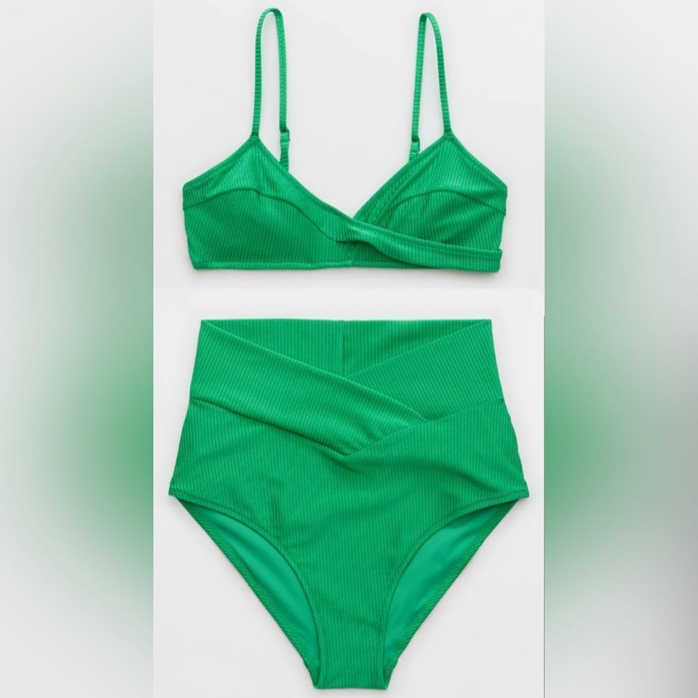NWT Aerie FULL SET Shine Rib Twist Scoop Top + High Waisted Full Coverage Bottom